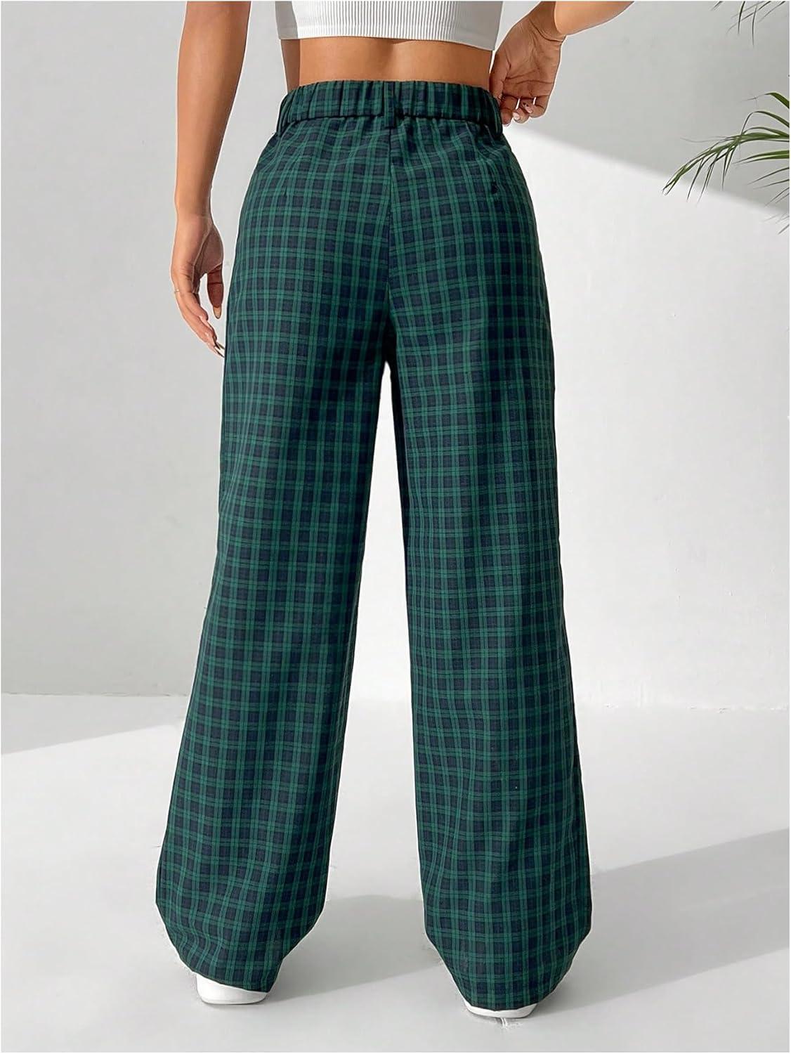 imageSOLY HUX Womens Plaid Pants High Waisted Wide Leg Casual Loose Long Trousers Green Gingham XSmall
