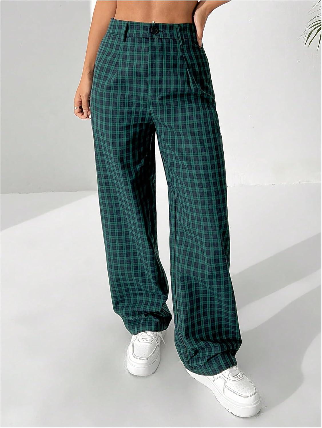 imageSOLY HUX Womens Plaid Pants High Waisted Wide Leg Casual Loose Long Trousers Green Gingham XSmall