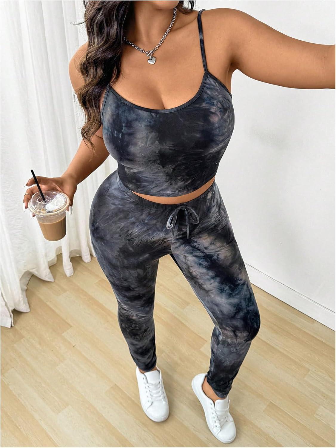 imageSOLY HUX Womens Plus Size Tracksuits Tie Dye Camisole Top and Leggings Pants Workout Yoga 2 Piece OutfitsBlack Tie Dye