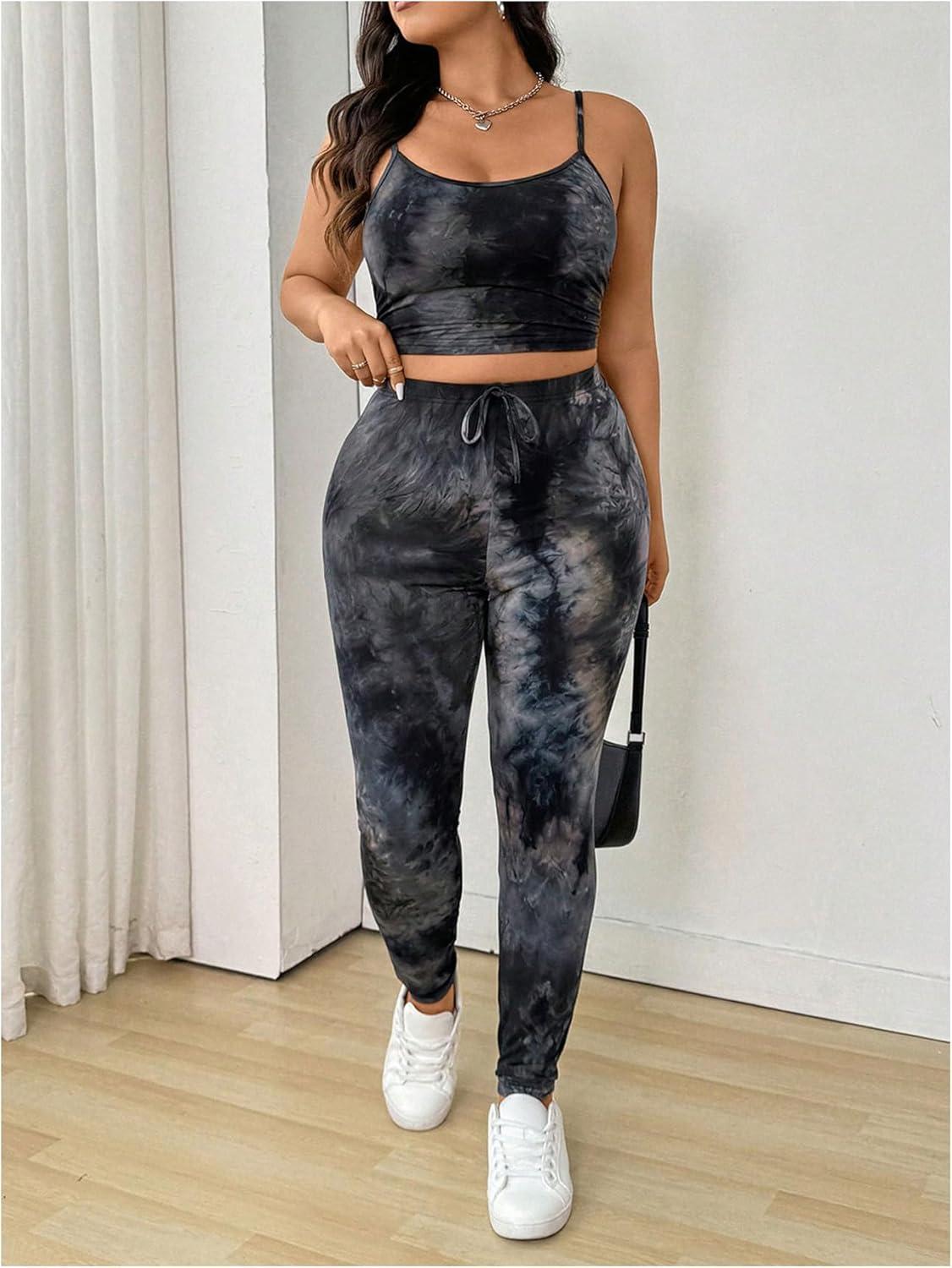 imageSOLY HUX Womens Plus Size Tracksuits Tie Dye Camisole Top and Leggings Pants Workout Yoga 2 Piece OutfitsBlack Tie Dye