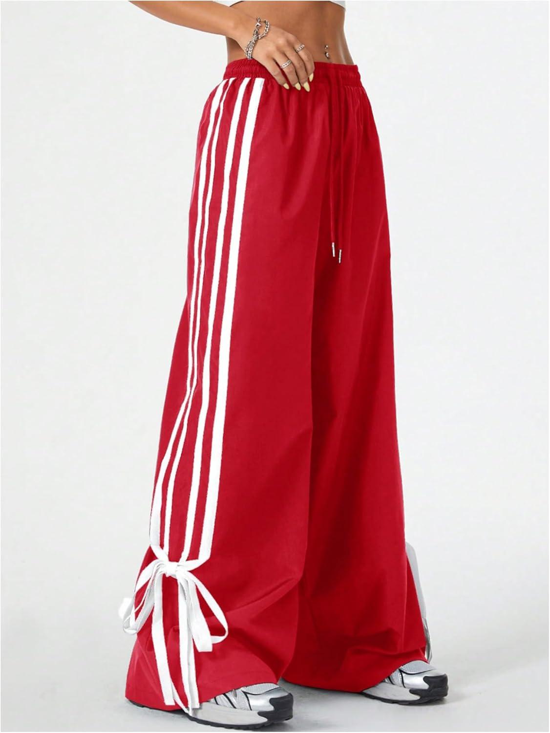 imageSOLY HUX Womens Y2k Wide Leg Baggy Pants Striped Side Bow Pants Elastic Waist Long Pants SweatpantsRed Striped
