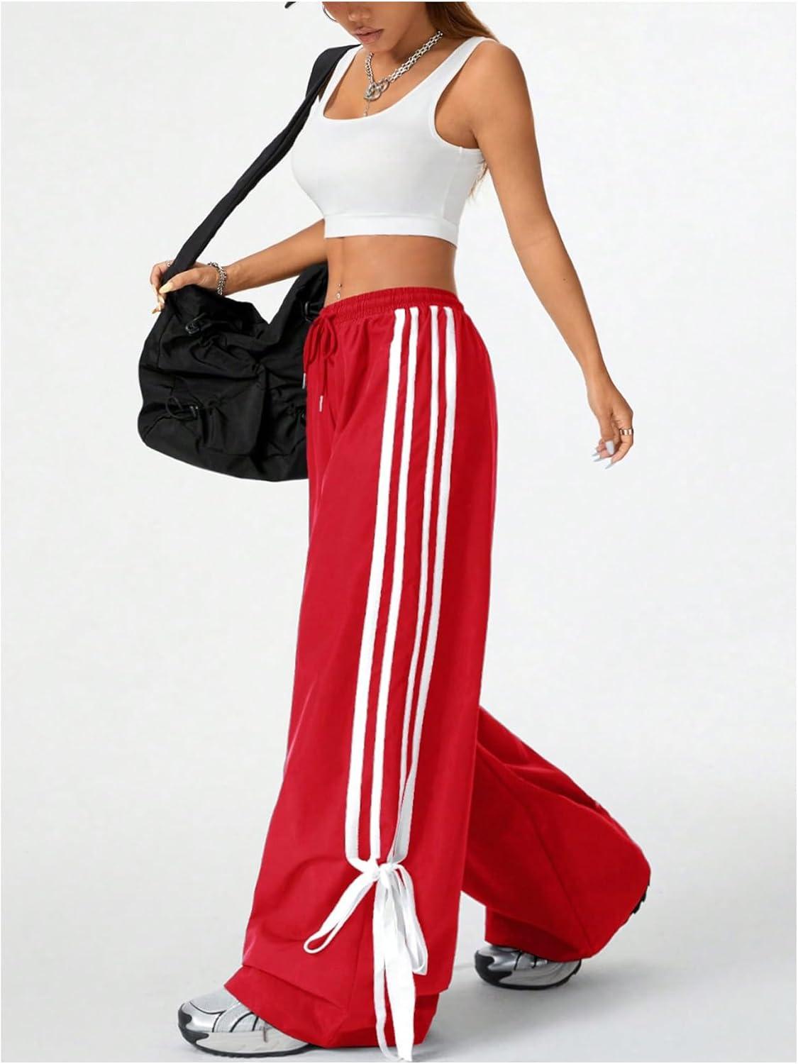 imageSOLY HUX Womens Y2k Wide Leg Baggy Pants Striped Side Bow Pants Elastic Waist Long Pants SweatpantsRed Striped