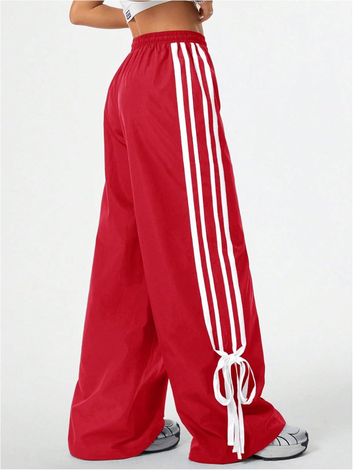 imageSOLY HUX Womens Y2k Wide Leg Baggy Pants Striped Side Bow Pants Elastic Waist Long Pants SweatpantsRed Striped
