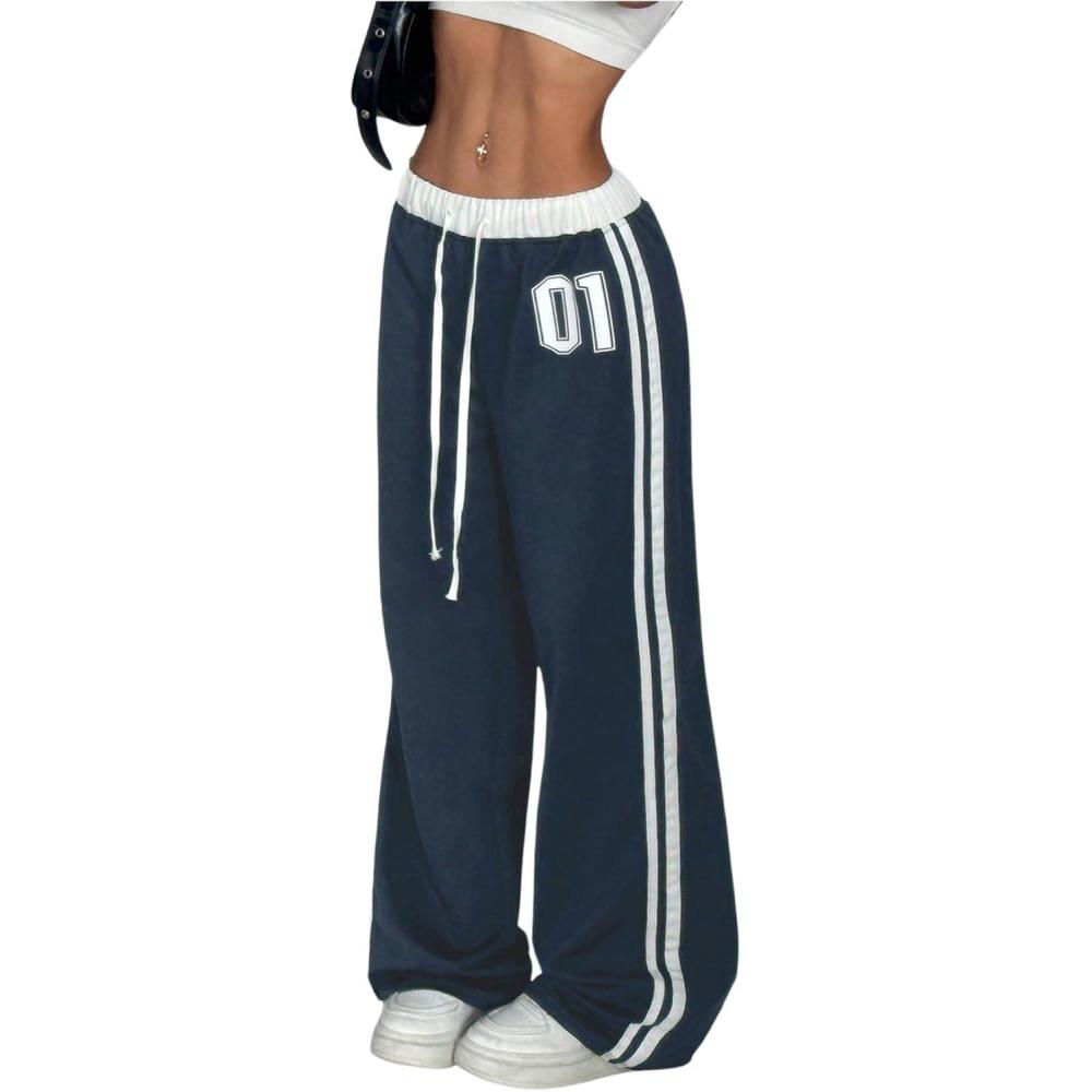 imageSOLY HUX Womens Drawstring Waist Sports Sweatpants Retro Wide Leg Baggy Pants StreetwearBlue Printed