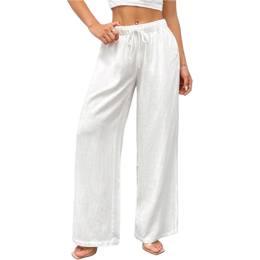 imageSOLY HUX Womens Drawstring Waist Wide Leg Palazzo Pants Summer Loose Trousers with PocketsSolid White