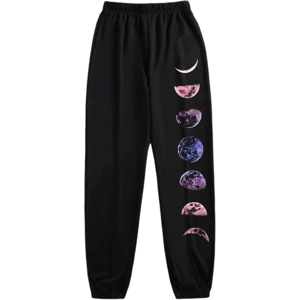 imageSOLY HUX Womens Moon Print Elastic High Waisted Sweatpants Joggers PantsBlack