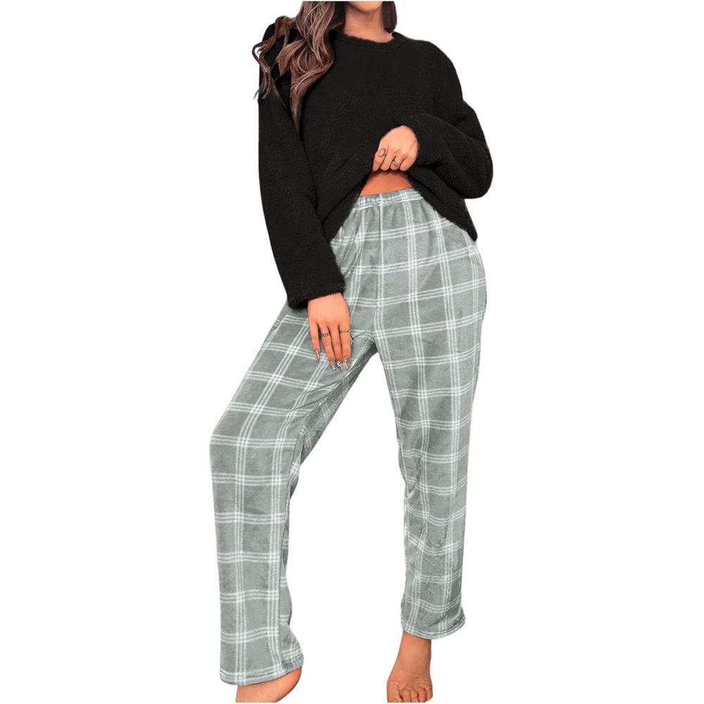imageSOLY HUX Womens Pajama Set Fuzzy Long Sleeve Tee Tops and Plaid Pants Loungewear SleepwearBlack Plaid