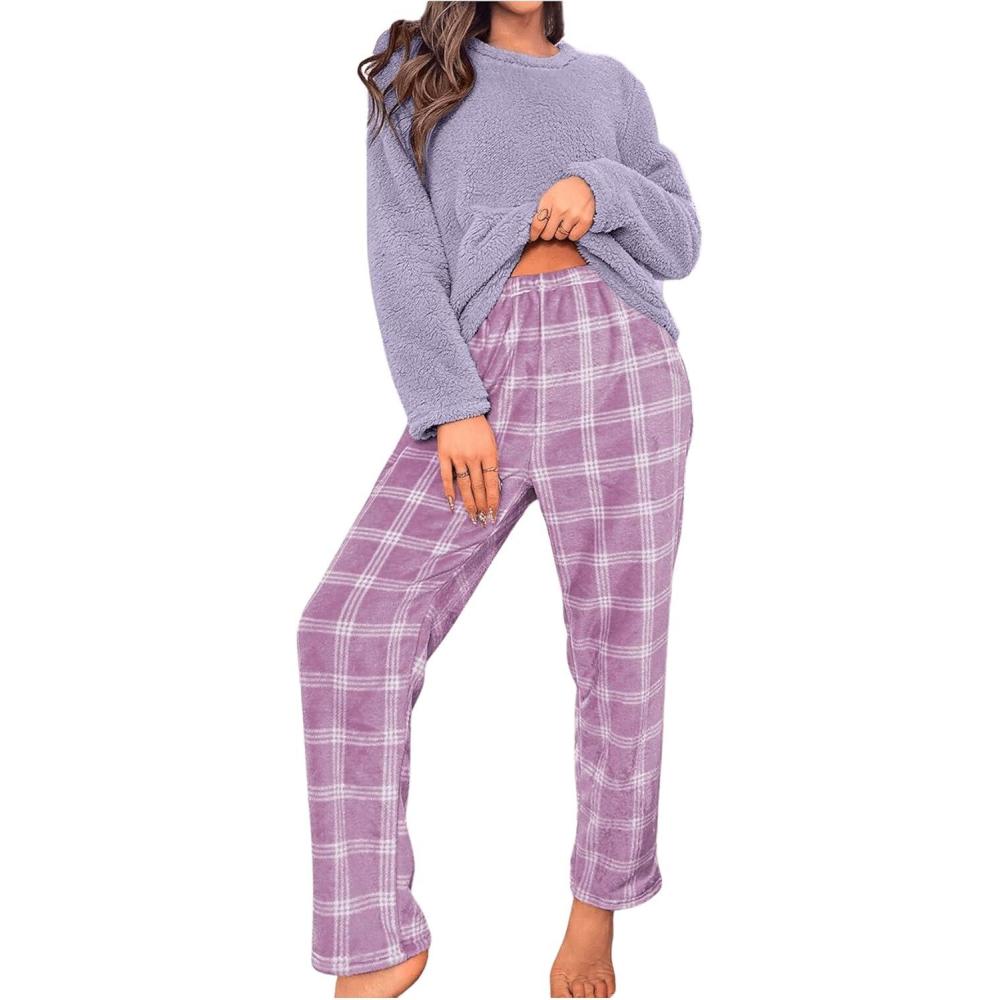 imageSOLY HUX Womens Pajama Set Fuzzy Long Sleeve Tee Tops and Plaid Pants Loungewear SleepwearPurple Plaid