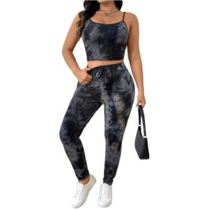 imageSOLY HUX Womens Plus Size Tracksuits Tie Dye Camisole Top and Leggings Pants Workout Yoga 2 Piece OutfitsBlack Tie Dye