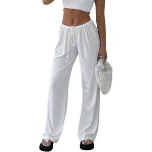 imageSOLY HUX Womens Drawstring Elastic Waist Wide Leg Pants Casual Loose Long PantsSolid White