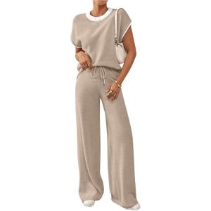 imageSOLY HUX Womens Knit Sweater Sets Two Piece Outfits Short Sleeve Top and Wide Leg Pants Summer ClothesSolid Brown