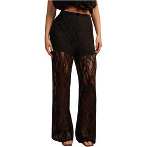 imageSOLY HUX Womens Plus Size Lace Mesh Pants High Waisted Sheer Flare Leg Party Pants ClubwearPure Black