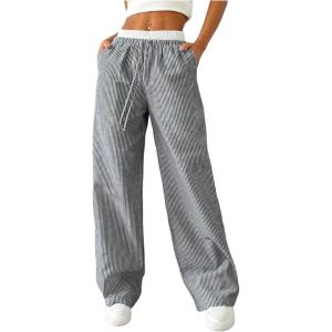 imageSOLY HUX Womens Striped Wide Leg Pants Drawstring High Waisted Baggy Casual Long PantsBlack White Striped
