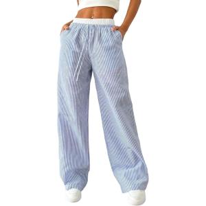 imageSOLY HUX Womens Striped Wide Leg Pants Drawstring High Waisted Baggy Casual Long PantsBlue Striped