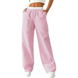 imageSOLY HUX Womens Striped Wide Leg Pants Drawstring High Waisted Baggy Casual Long PantsPink Striped