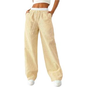 imageSOLY HUX Womens Striped Wide Leg Pants Drawstring High Waisted Baggy Casual Long PantsYellow Striped