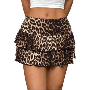 imageSOLY HUX Womens Summer High Waist A Line Mini Skirts Ruffle Layered Flowy Skater SkirtsBrown Leopard