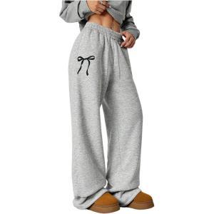 imageSOLY HUX Womens Sweatpants Bow Graphic Drawstring Elastic Waist Wide Leg Pants with PocketsGrey Bow
