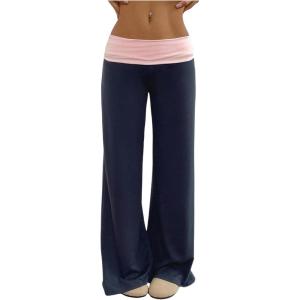 imageSOLY HUX Womens Sweatpants Color Block Low Rise Fold Over Waist Baggy Wide Leg PantsDark Blue and Pink