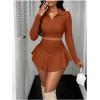 imageSOLY HUX Womens Mini Skirts Set Long Sleeve Collared Crop Top and Skirt Spring Fall Party 2 Piece OutfitsRust Brown