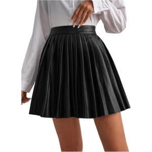 imageSOLY HUX Womens High Waisted Pleated Skirt Pu Leather Casual Mini SkirtsPure Black