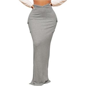 imageSOLY HUX Womens High Waisted Pocket Side Split Hem Bodycon Pencil Skirt Long Maxi SkirtsSolid Light Grey
