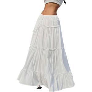 imageSOLY HUX Womens Maxi Skirt Drawstring Elastic Waist Ruffle Hem Long Flowy SkirtsPure White