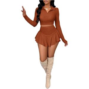 imageSOLY HUX Womens Mini Skirts Set Long Sleeve Collared Crop Top and Skirt Spring Fall Party 2 Piece OutfitsRust Brown