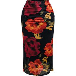 imageSOLY HUX Womens Plus Size Skirt Floral Print Mesh Ruched High Waisted Bodycon Long SkirtsBlack Floral