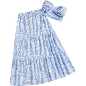 imageSOLY HUX Womens Summer 2 Piece Vacation Cruise Outfits Floral Print Tube Top and Maxi Skirt SetBlue and White Floral
