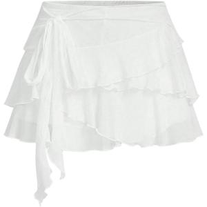 imageSOLY HUX Womens Ruffle Mini Skirt Y2k Layered Tie Side Low Rise SkirtsSolid White