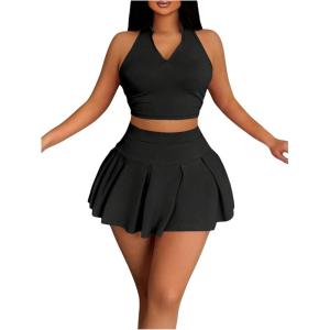 imageSOLY HUX Womens Summer 2 Piece Outfits Half Zip Crop Tank Tops and Mini Pleated Skirt SetPlain Black