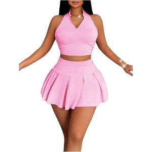 imageSOLY HUX Womens Summer 2 Piece Outfits Half Zip Crop Tank Tops and Mini Pleated Skirt SetPlain Pink