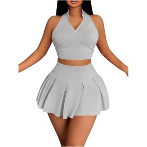 imageSOLY HUX Womens Summer 2 Piece Outfits Half Zip Crop Tank Tops and Mini Pleated Skirt SetPure Grey