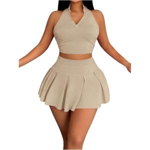 imageSOLY HUX Womens Summer 2 Piece Outfits Half Zip Crop Tank Tops and Mini Pleated Skirt SetPure Khaki