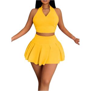 imageSOLY HUX Womens Summer 2 Piece Outfits Half Zip Crop Tank Tops and Mini Pleated Skirt SetPure Yellow