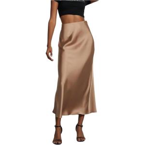 imageSOLY HUX Womens Elegant Satin Skirts High Waisted Flared Casual Work Office Fishtail Midi SkirtDark Khaki