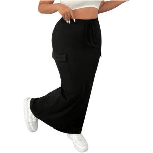 imageSOLY HUX Womens Plus Size Cargo Skirts Y2k Vintage Long Maxi Skirts with Pockets StreetwearPlain Black