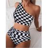 imageSOLY HUX Womens Plaid Bathing Suit Checkered Print One Shoulder Ruched High Waisted Bikini Set Two Piece SwimsuitBlack and White Checkered