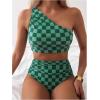 imageSOLY HUX Womens Plaid Bathing Suit Checkered Print One Shoulder Ruched High Waisted Bikini Set Two Piece SwimsuitGreen Plaid