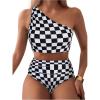 imageSOLY HUX Womens Plaid Bathing Suit Checkered Print One Shoulder Ruched High Waisted Bikini Set Two Piece SwimsuitBlack and White Checkered