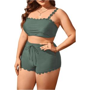 imageSOLY HUX Plus Size Bikini Sets for Women High Waisted Two Piece Swimsuit Scalloped Trim Tie Front Bathing SuitsSolid Dark Green