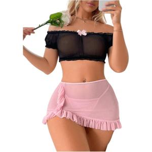 imageSOLY HUX Sexy Lingerie Set for Women Sheer Mesh Off Shoulder Bra Panty Ruffle Skirts 3 Piece SetsBlack and Pink