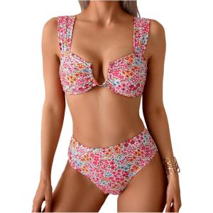 imageSOLY HUX Womens Floral Print Swimsuit V Wire High Waisted Bikini Set Two Piece Bathing SuitMulticoloured Floral