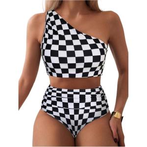 imageSOLY HUX Womens Plaid Bathing Suit Checkered Print One Shoulder Ruched High Waisted Bikini Set Two Piece SwimsuitBlack and White Checkered