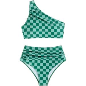 imageSOLY HUX Womens Plaid Bathing Suit Checkered Print One Shoulder Ruched High Waisted Bikini Set Two Piece SwimsuitGreen Plaid