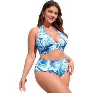 imageSOLY HUX Womens Plus Size Allover Print Halter High Waisted Bikini Set Bathing Suits 2 Piece SwimsuitsBlue and White