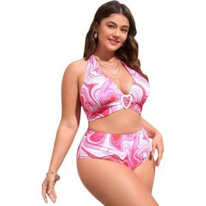 imageSOLY HUX Womens Plus Size Allover Print Halter High Waisted Bikini Set Bathing Suits 2 Piece SwimsuitsPink