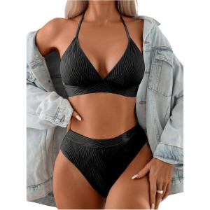 imageSOLY HUX Womens Swimsuit Halter Bikini Sets High Waist Cheeky Thong Bathing Suit 2 PiecePlain Black