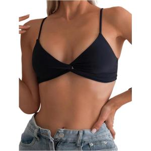 imageSOLY HUX Womens Twist Front Bikini Top Leopard Print V Neck Spaghetti Strap Swim Tops Bathing SuitSolid Black